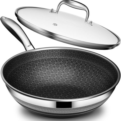 Woks & Stir-fry Pans Nonstick - Hybrid 304 Stainless Steel Wok 10.8" Non Stick Wok Pan with Lid for Induction, Electric, Gas, All Stoves, PFOA Free Cookware, Dishwasher and Oven Safe