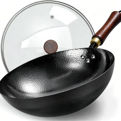 Carbon Steel Wok Pan, 11.8-Inch Nonstick Pre-Seasoned Woks & Stir-Fry Pans with Glass Lid, No Chemical Coated Wok Round Bottom Hand Hammered Chinese Wok for Induction, Gas, Electric & All Stoves