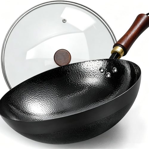 Carbon Steel Wok Pan, 11.8-Inch Nonstick Pre-Seasoned Woks & Stir-Fry Pans with Glass Lid, No Chemical Coated Wok Round Bottom Hand Hammered Chinese Wok for Induction, Gas, Electric & All Stoves
