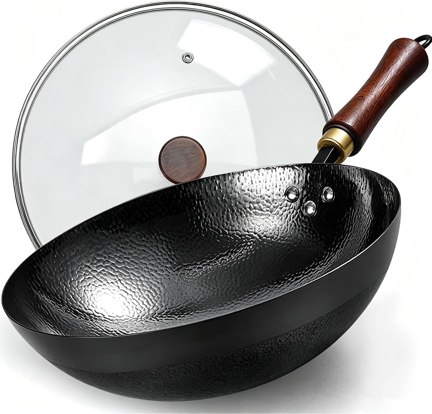 Carbon Steel Wok Pan, 11.8-Inch Nonstick Pre-Seasoned Woks & Stir-Fry Pans with Glass Lid, No Chemical Coated Wok Round Bottom Hand Hammered Chinese Wok for Induction, Gas, Electric & All Stoves