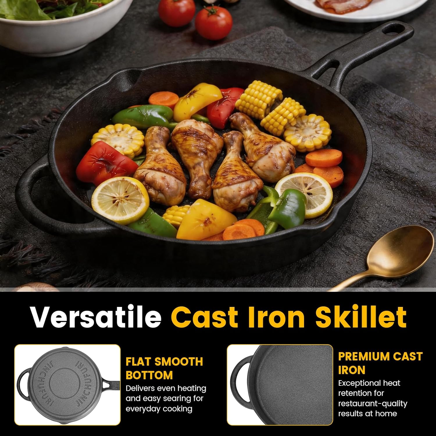 Cast Iron Skillets, Pre-Seasoned Heavy Duty Cast Iron Frying Pan, Large Cooking Pan with Superior Heat Retention for Steak, Eggs, Bacon, Stovetop, Oven, Grill & Campfire - Image 2