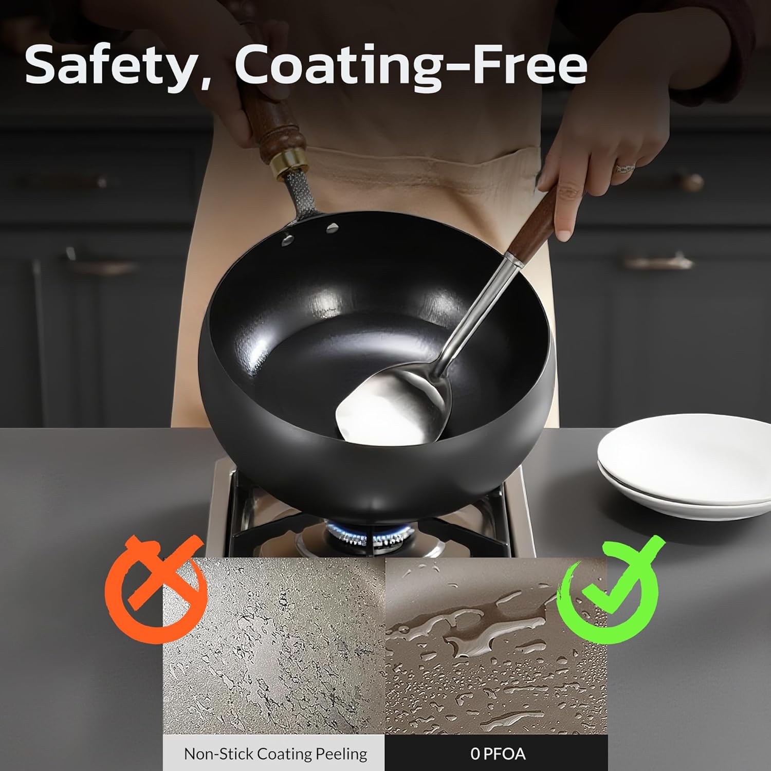 Uncoated Iron Pan, Nonstick Wok Hand Forged Iron Pan with Lid Stir Fry Wok Skillet for Cooking - 9.44IN - Image 2