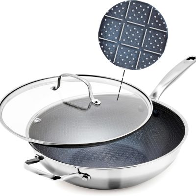 Hybrid Nonstick Stainless Steel 12” Wok with Lid, PFAS-Free Ceramic Diamond Bond Stir-Fry Pan, Induction Ready, Dishwasher & Oven Safe, Metal Utensil Safe, Stay-Cool Handle, Silver
