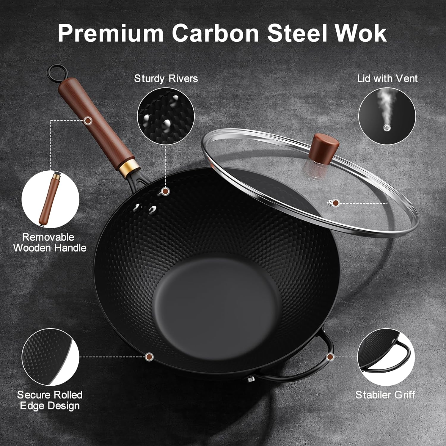 13-Inch Carbon Steel Wok Pan with Glass Lid, Naturally Nonstick Pre-Seasoned Woks & Stir-Fry Pans, No Chemical Coating, Flat Bottom for Induction, Gas, Electric, Halogen & All Stoves - Image 2