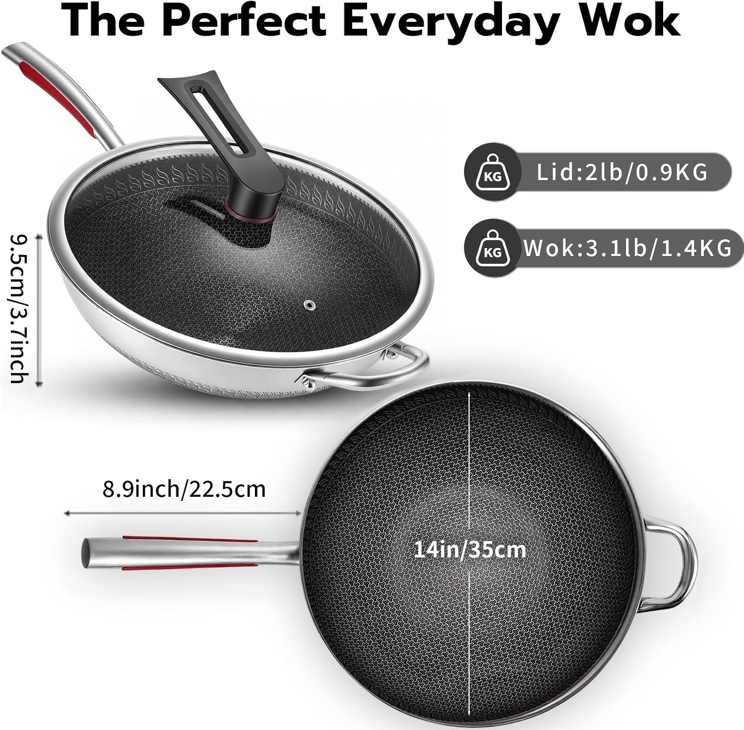 Wok pan, PFOA Free Cookware 14-Inch Wok, stick Stainless Steel Woks & Stir-fry pans Nonstick, for All Cooktops, Uncoated Healthy Cooking Pot - Image 2