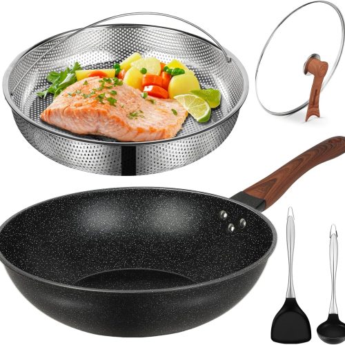 13'' Nonstick Wok, Woks & Stir-Fry Pans Non Stick Wok with Lid and Steamer Basket Spatula Ladle, 100% PFOA Free Induction Wok Pan for Electric, Gas, Halogen, All Stoves