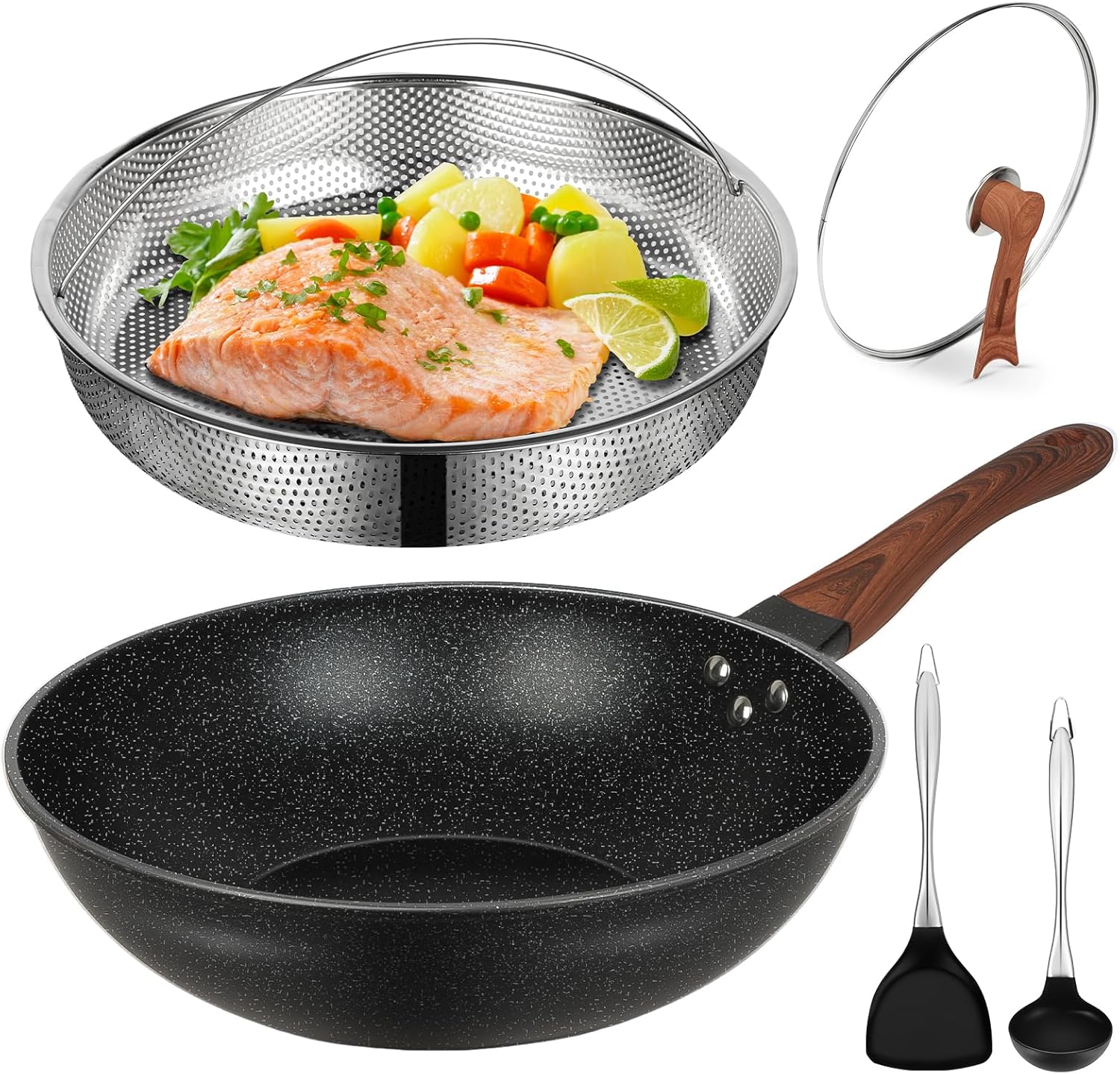 13'' Nonstick Wok, Woks & Stir-Fry Pans Non Stick Wok with Lid and Steamer Basket Spatula Ladle, 100% PFOA Free Induction Wok Pan for Electric, Gas, Halogen, All Stoves