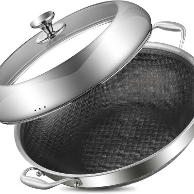 Tri-Ply Stainless Steel Wok Pan With Lid 14 Inch Non stick,Woks & Stir-Fry Pans Nonstick 6QT Deep Frying Pan, Induction Saute Pan With Lid,Dishwasher and Oven Safe