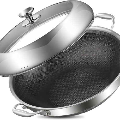 Tri-Ply Stainless Steel Wok Pan With Lid 14 Inch Non stick,Woks & Stir-Fry Pans Nonstick 6QT Deep Frying Pan, Induction Saute Pan With Lid,Dishwasher and Oven Safe