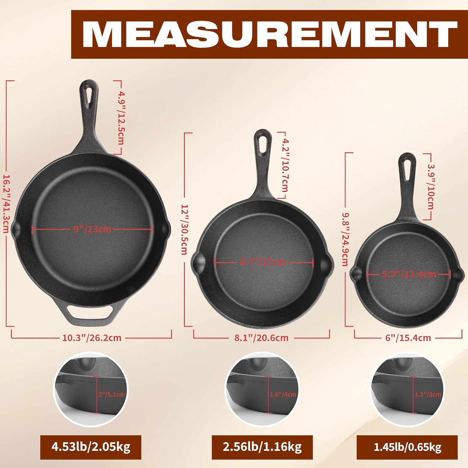 Cast Iron Skillet 3-Piece Set, 6", 8", 10" Frying Pans, Heavy-Duty Pre-Seasoned Pan Cookware Set, For Frying, Saute, Cooking, Pizza & More, Black - Image 2