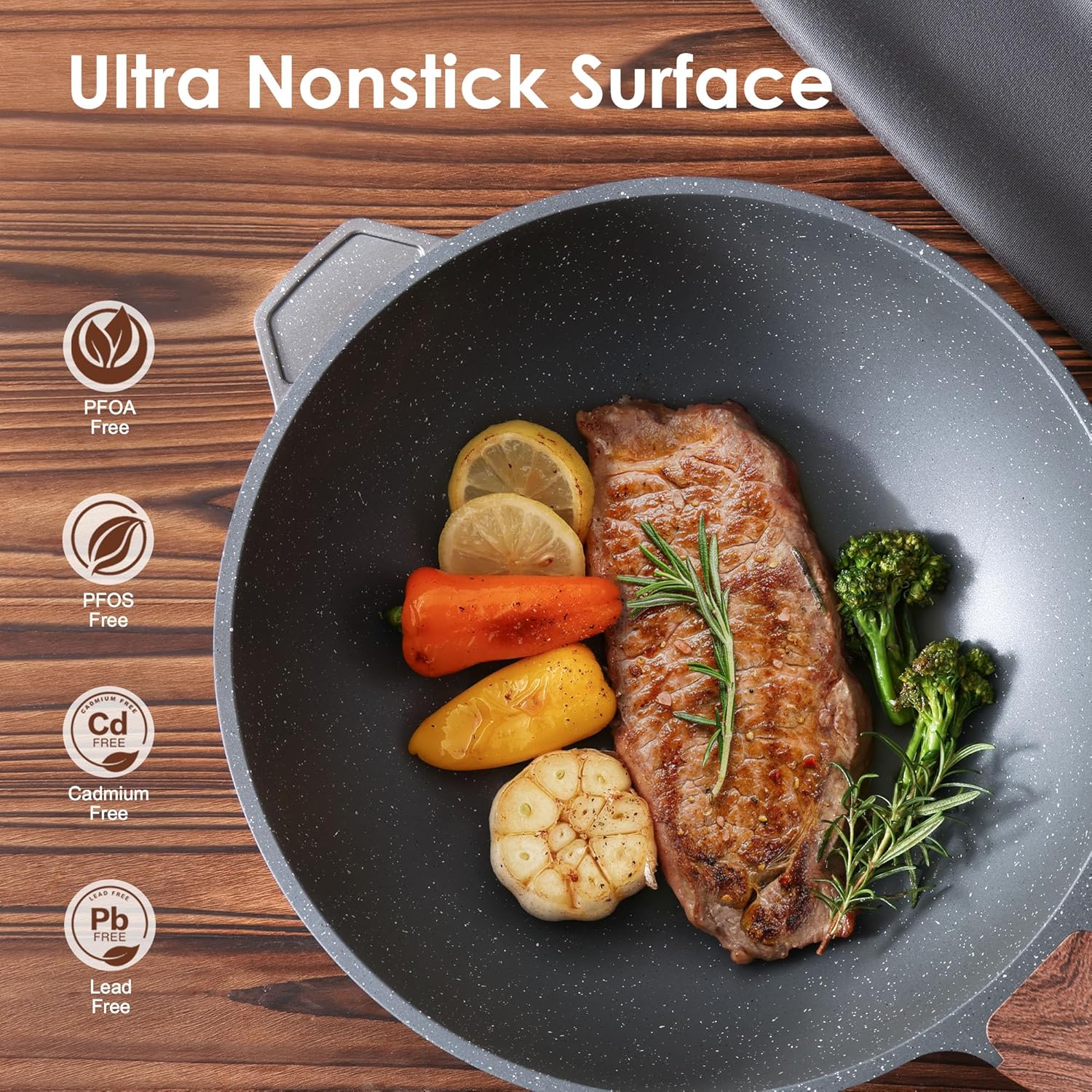 Nonstick Wok Pan with Lid 11-inch, Healthy Stir-fry Pan Induction Cookware with Swiss Granite Coating, Deep Frying Pan Skillet with Stay-cool Handle, PFOA Free - Image 2