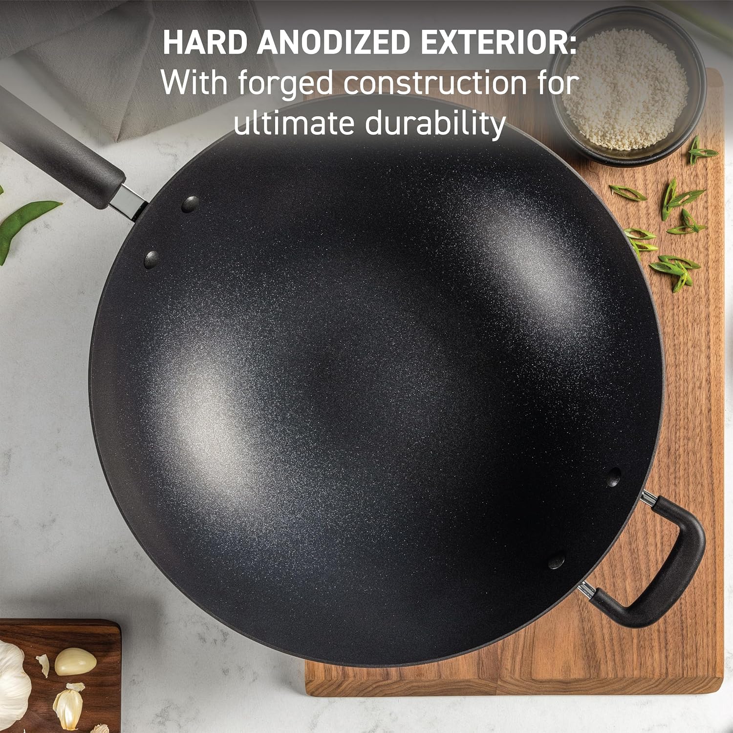 Hard Anodized Nonstick Wok 14 Inch, Oven Broiler Safe 350F, Non Stick Stir-Fry Pan, Cookware, Pots and Pans, Kitchen, Versatile Deep Frying, Sauté, Braise, Stew, Dishwasher Safe, Onyx - Image 2